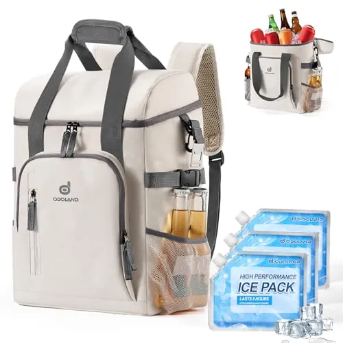 Odoland Bolsa térmica 22L con 3 Paquetes de Hielo - Mochila refrigerante aislada para 30 latas, Impermeable, con abrebotellas, para Camping, Viajes, Picnic y Pesca