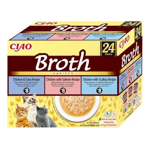 INABA Ciao Broth, Multipack Pollo, Salmón, Atún y Vieira, 960g (24 x 40g)