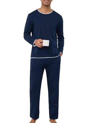 Lovasy Pijamas de Hombre Invierno Algodón Manga Larga,Azul marino,M | Conjunto de Pijama Hombre Cuello Redondo Ropa de Descanso para Casa con Cordón y Bolsillos