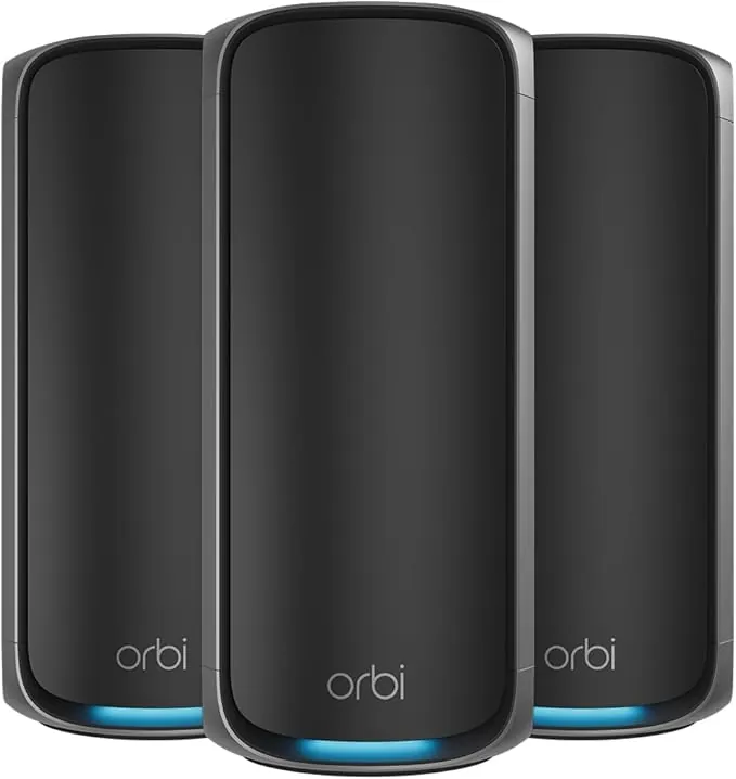 NETGEAR Orbi 970 | Sistema Mesh WiFi 7 | RBE973SB | Router WiFi 7 y 2 satélites | hasta 27 Gbits/s | Alcance 660 m² | Soporta 200 Dispositivos | Puerto Internet 10GB | Cuadribanda BE27000 | Negro