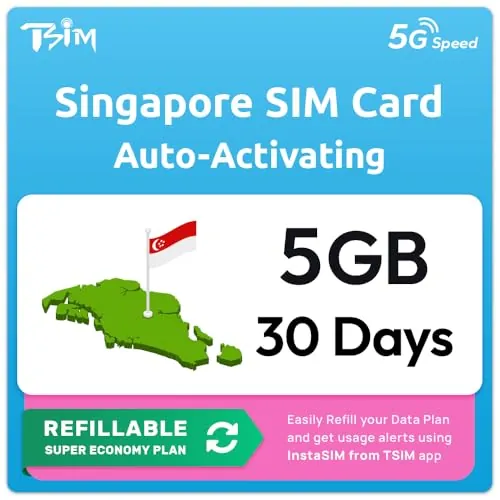 Singapur Tarjeta SIM | Plan Recargable Súper Económico de 5 GB | Activación automática con validez de 30 días | Velocidad 5G/4G | Hotspot Permitido | Solo Datos, sin número de teléfono.