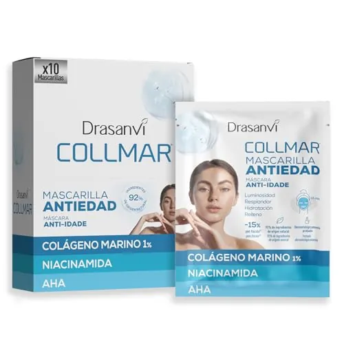 Mascarilla Facial Antiedad con Colágeno Marino, Niacinamida, Ácido Hialurónico y AHA - Hidratación Intensa, Firmeza, Elasticidad y Luminosidad - Drasanvi Collmar 22 ml x 10 Unidades
