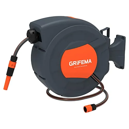GRIFEMA, G301-15 Carrete de Manguera de Jardín Automático, Enrollador de Manguera de Pared de 15 m con Rotación de 180 grados, con Boquilla Ajustable, gris [Exclusivo en Amazon]