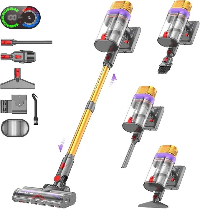 Vistefly V15 Ultra Aspiradora sin Cable, 58kPa/600W/70Mins Escoba Aspirador Potente, Doble Pantalla y Doble Depósito de Polvo Apto para Pelo de Mascotas/Alfombras/Suelos Duros