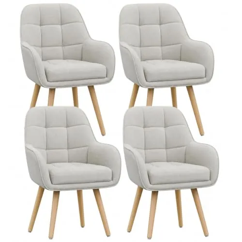 ELUCHANG Silla de Comedor Pack 4, 10cm Grosor Sillones con Reposabrazos Altos, Base Metálica & Patas Madera, Carga Máx.150KG, Beige Tela Natural Silla para Cocina, Salón, Dormitorio