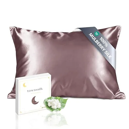 townssilk Funda de almohada reversible, 100 % seda de morera pura de 19 mommes, para la salud del cabello y la piel, 1 unidad, 50 x 70 cm, con cremallera oculta, 600 hilos, gris/púrpura