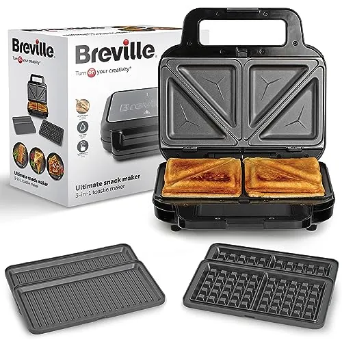 Breville 3-in-1 Sandwichera Ultimate | Sandwichera para preparar sándwiches rellenosgofres y paninis | Placas antiadherentes extraíbles | Acero inoxidable negro [VST098X] | Enchufe UE