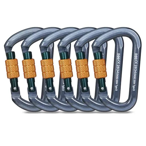 Mosquetones de Bloqueo, Mosquetones de Escalada Gancho Mosquetón de Trabajo Pesado con Tapón de Rosca para Camping, Hamacas, Columpio, Llavero (28KN 6Pack)