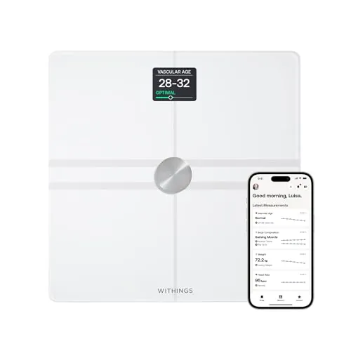 Withings Body Comp - Bascula de baño WiFi con análisis corporal completo (peso, grasa corporal/grasa muscular/grasa corporal, agua) y seguimiento cardiovascular, Báscula personal, hasta 8 usuarios