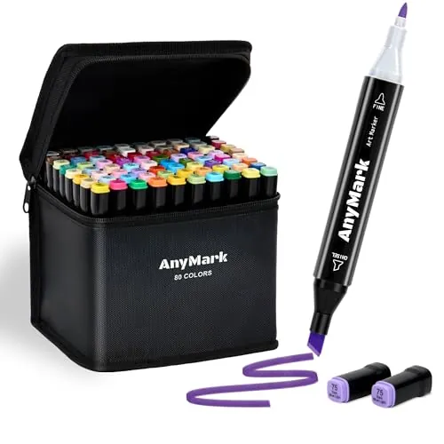 AnyMark Rotuladores Alcohol 80 Colores, Doble Punta Biselada y Fina