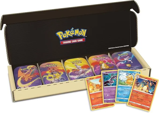 Pokémon: Pack de 5 minilatas Poder de Kanto de JCC Pokémon (10 paquets de Mejora, 5 Monedas y 5 Cartas con Ilustraciones)