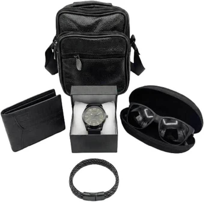 Aqua Gift Caja De Regalo con Set De Cartera Monedero, Pulsera, Bandolera, Reloj y Gafas De Sol con Estuche Rigido Conjunto De Vestir Elegante para Hombre