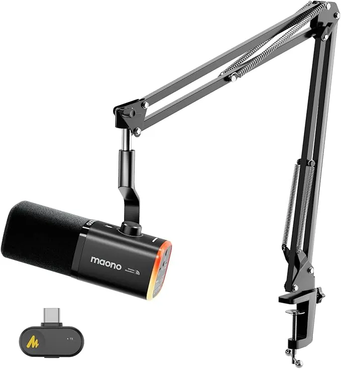 MAONO PD100WS Micrófono Gaming Inalámbrico para PC, Micrófono Dinámico USB con Brazo, 3 Niveles de Reducción de Ruido, RGB, Botón Mute & EQ por Software para Streaming, Podcast & Grabación, Negro
