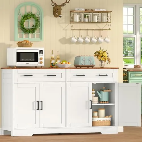 TEENFON 140 cm Aparadores para Salon con 2 Cajones, Aparador Cocina con Estantes Ajustables, Armario Cocina con Encimera para Pasillo Comedor- 140 x 36.8 x 80 cm - Blanco