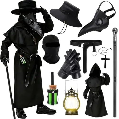 Haozozo Disfraz Halloween Niño, Disfraz Médico de la Peste Niños con Máscara, Capa, Sombrero y Accesorios - Disfraces Halloween Niño para Fiesta de Disfraces y Carnaval