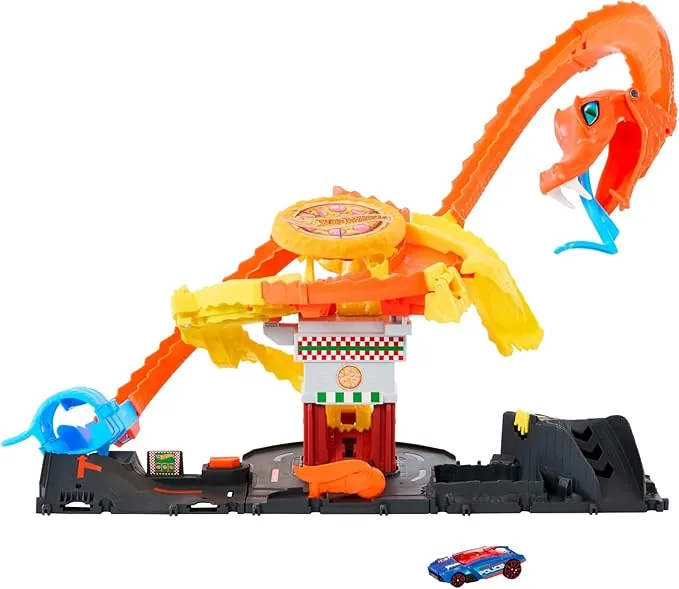 Hot Wheels City “Let's Race - ¡a Correr!” Netflix - Pizza Slam Ataque de Cobra Pista para Coches de Juguete con Serpiente, Incluye 1 vehículo, +4 años (Mattel HTN81)