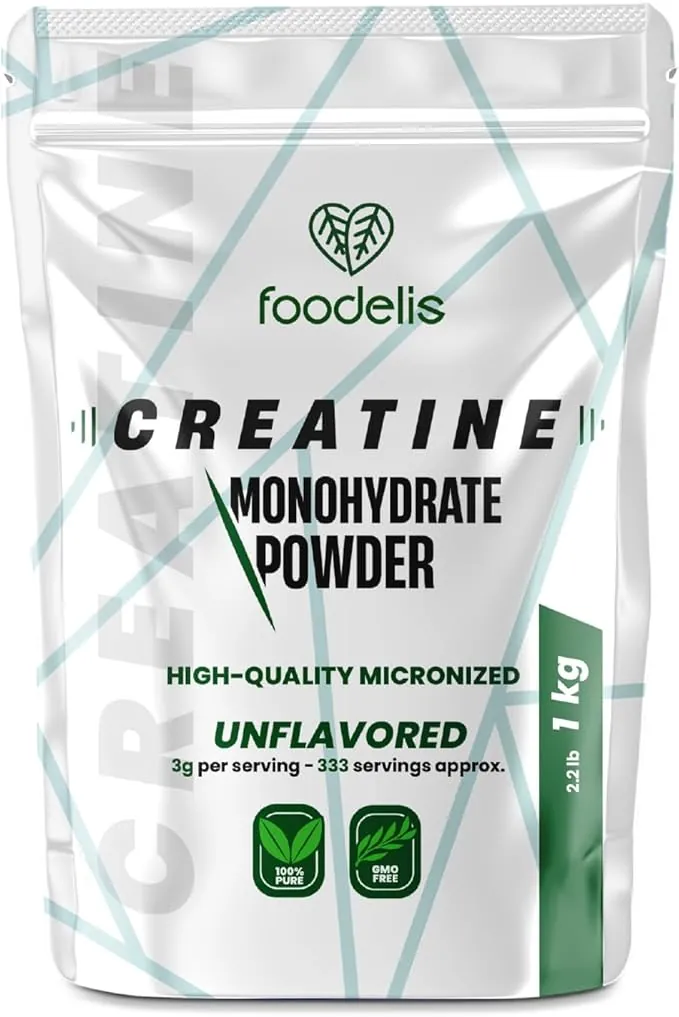Foodelis Creatina Monohidratada en Polvo 1 kg / 333 Dosis - 100% Creatina Monohidrato Micronizada - Sin Sabor - Pura y Sin Aditivos - No-GMO - Alta Solubilidad - Incluye Dosificador