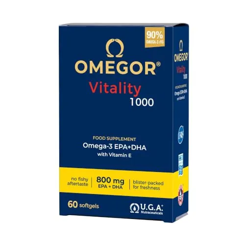OMEGOR Vitality 1000 Omega 3 60 Cápsulas IFOS Certificado - Aceite de Pescado Omega-3 1000mg con EPA y DHA - Libre de Metales Pesados, Sin Sabor a Pescado, Facil de Digerir