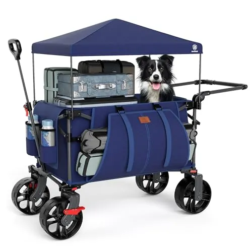 EVER ADVANCED Carrito de Festival de 228 L con Ruedas con toldo extraíble, Carrito de Camping Resistente de 150 kg, Carrito de Playa de Empuje y tracción con 3 Bolsillos Grandes, Azul