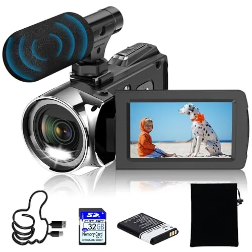Windancy 4K - Cámara de vídeo Ultra HD 1080P para YouTube Zoom Digital 18X, pantalla IPS de 3 pulgadas, rotación de 270°, micrófono integrado