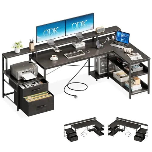 ODK Escritorio con Cajones, 189.3×100cm Escritorio Esquinero Reversible Grande con Estanteria, Escritorio en L con Puerto USB y Toma de Corriente para la Oficina en Casa, Negro