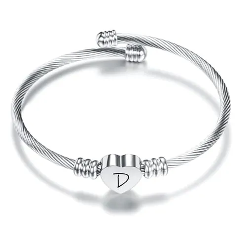 Suonie Plata Amor Corazón 26 Letra Inicial Alfabeto A-Z Pulsera Joyería Regalo Ajustable Para Hija Hijo Hermanas Amigos Madre Colega Amante Cumpleaños Navidad (D)