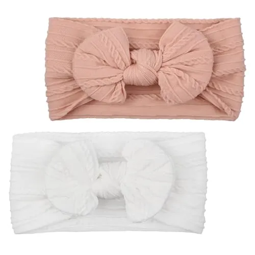 LABUYI 2 Piezas Diadema Bebe Niña, Elásticas para Pelo, Hairband para Niñas y Bebés, Diademas Blancas y Rosas