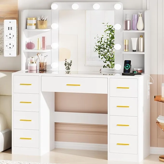 BEWISHOME Grande Tocador con Luces LED Regulables y enchufes, Mesa de Maquillaje con Espejo y Tapa de Vidrio,Tocador de Maquillaje con 9 cajones,4 estantes Abiertos Blanco EFST39W