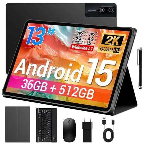 BEYNIVAN Tablet 13 Pulgadas Android 15 Tableta con Ranura sim,4G LTE y 5G WiFi,36GB RAM+512GB ROM/2960 * 1840 FHD/11580mAh y 20W/Face ID/GPS/BT 5.0/TÜV/USB-C,Tablet con Teclado