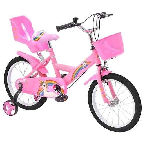 Baroni Toys Bicicleta para niñas de 12, 14 y 16 Pulgadas con portabicicletas Unicornio y Ruedas Incluidas, Bicicleta de Acero con Cesta para niñas de 2 a 7 años (16 Pulgadas)