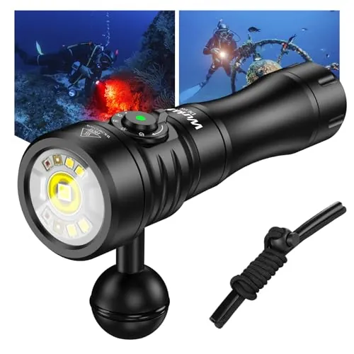 Wurkkos DL08 lámpara subacuática de buceo - 3600 lúmenes | 274 metros de alcance, luz roja y UV, infinitamente regulable, con modos spot y floodlight Tipo-C recargable, IPX8 CRI 90