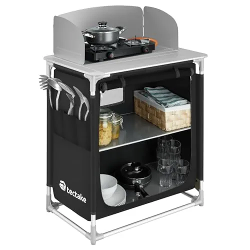 tectake® Cocina de Camping de Aluminio Plegable, Ligera, con Bolsa de Transporte, Accesorios de Cocina, Mesa Plegable Camping, Armario Mueble, Mesa - Negro