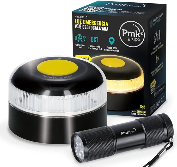PMK GRUPO | Baliza V16 Conectada Homologada 2026 | Datos incluidos (hasta 12/2038) | Luz Emergencia LED 360º 1 km | Geolocalización GPS + SIM incluida | Conexión a DGT (Pack 1 baliza + linterna)