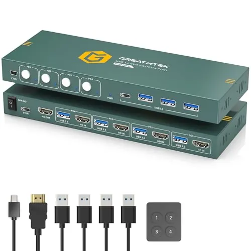 KVM Switch HDMI USB 3.0 4K@60Hz 4 Puertos 4 Computadoras y Monitor 3 Dispositivos Compartidos Botones y Cables Incluidos