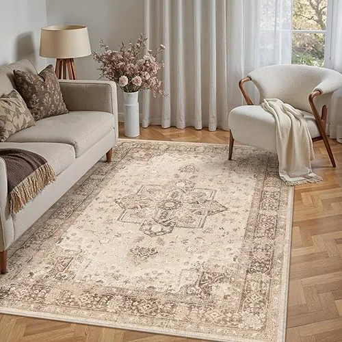 PureCozy Vintage Alfombra Salon 120x170cm Alfombras de Habitacion Marrón Carpet Lavable Lavadora Pelo Corto Rug Antideslizante Tapetes para Sala Tapete Quarto Comedor Rugs