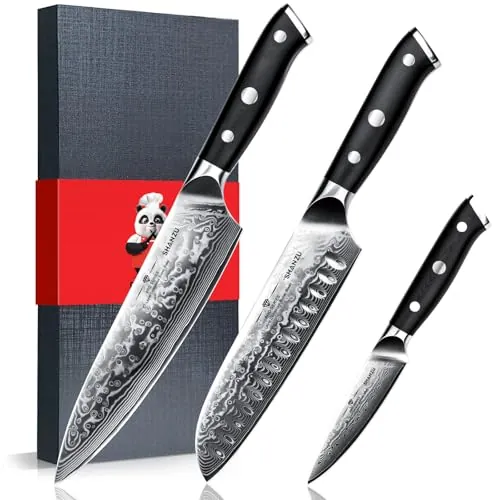 SHAN ZU 3 Piezas Juego de Cuchillo de Cocina Damasco, Set Cuchillo Japonés
