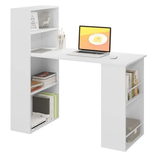 eSituro Escritorio Oficina con Estantería y Almacenamiento 120x55x120 cm, Mesa de Ordenador 3 en 1 Estable, para Dormitorio Estudio, Blanco