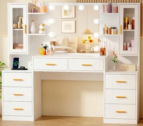 BEWISHOME Grande Tocador de Maquillaje con Luz LED y Espejo,Enchufes