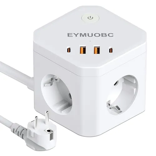 EYMUOBC Regleta 8-en-1 con USB-C Carga Rápida 20W y Protección Sobretensión, 4 Enchufes con Interruptor, 3680W, Cable Alargador 2m, para Casa, Oficina y Viajes