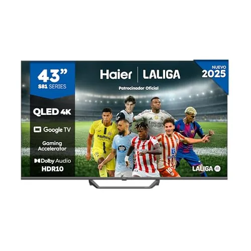Haier QLED 4K UHD H43S81FUX - 43", Smart TV, Google TV, Dolby Audio, HDR 10, Smart Remote Control, Google Assistant, Bluetooth 5.1, 60Hz, USB 2.0, DBX TV, HDMI 2.1 x 4, Sin Marcos, 2025