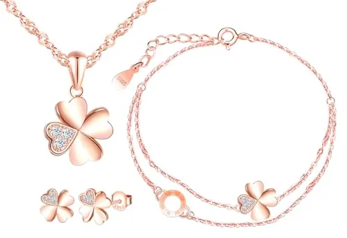 MICMIF Juegos de 3 Collar Pendientes y Pulsera para Mujer y Niñas, Colgante Trébol con Cadena 45cm, Aretes Trébol Circonita, Pulsera Trébol Oro Rosa, Plata de Ley 925 Conjuntos Joyas