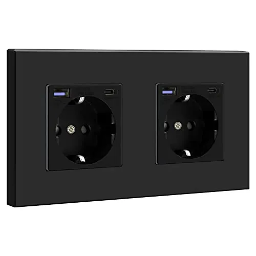 BSEED Enchufe pared, 16A 250V Schuko Enchufe Doble Simple on Panel de Plastico, 2 Gang con 20W USB/Type C, Negro