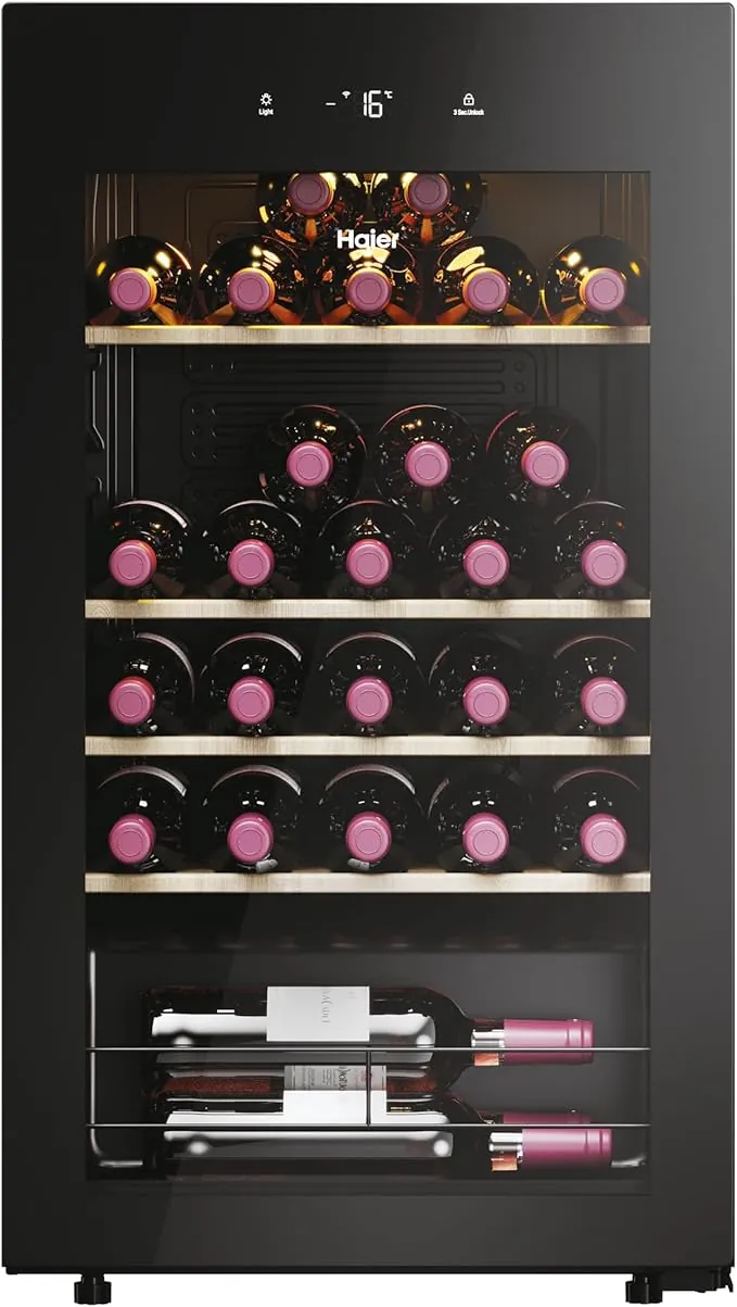 Haier Wine Bank 50 Series 3 HWS34GGH1 - Vinoteca 34 botellas, WIFI, Estantes de madera, Filtro Anti-UV, Filtro de carbón, Filtro de carbón, Display Digital, Iluminación LED, Silenciosa 37 dbA, Negra