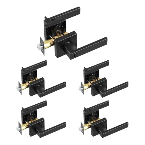 VEVOR 5 PCS Manija de Puerta de Privacidad, Manija Reversible para Zurdos o Diestros con Cerradura sin Llave, Rotación de 45° para Abrir, Interior Cuadrado Universal para Puertas de Baño, Negra Mate