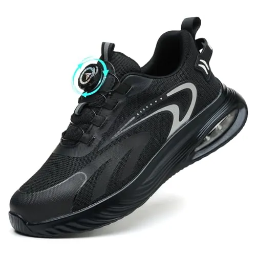 AEKYIWL Zapatos de Seguridad para Hombre Mujer Calzado de Seguridad Comodo Zapatillas de Trabajo con Punta de Acero Cordón con Hebilla giratoria Negro, 44 EU