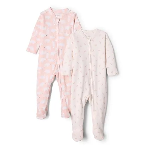 Amazon Essentials x Sofia Grainge Pijama de Algodón con Pies Unisex bebé, Pack de 2, Rosa Conejito Oso, 6-9 meses