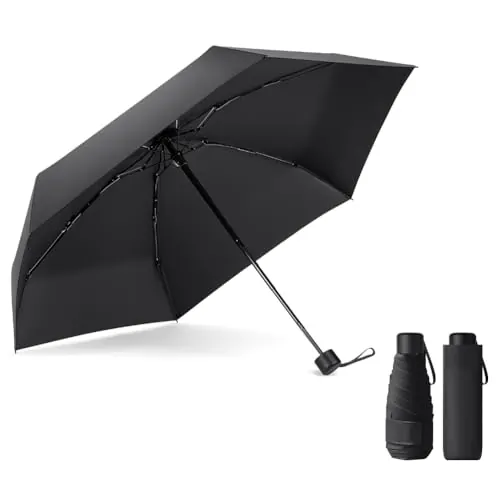 Vicloon Mini Paraguas Pequeño del Sol,Paraguas de Viaje Portátil Resistente Anti UV Plegable Longitud 17cm 6 Costillas Grueso Negro Tela de Goma,para Actividades al Aire Libre - Adultos y Niños