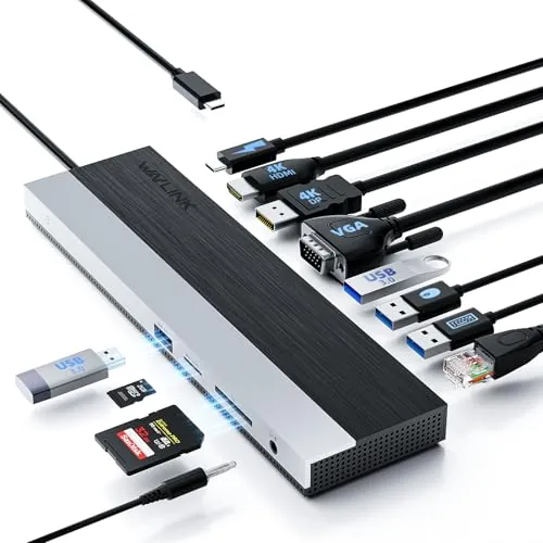 WAVLINK Estación de Acoplamiento USB-C para 3 monitores, con HDMI, DP, VGA, 100 W PD, USB3.0 & 2.0, RJ45, SD/TF-Slots, Audio/Micrófono, para Lenovo/HP/DELL, etc. - Gris