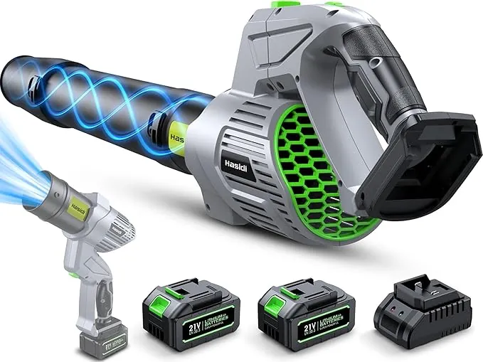 Soplador de Hojas, 990.000 RPM, Motor sin Escobillas, 2 Baterías y Cargador, 5 Velocidades Ajustables, Ligero, para Jardín, Césped, Patio, Coche, Eliminación de Nieve y Polvo, Gris Perla