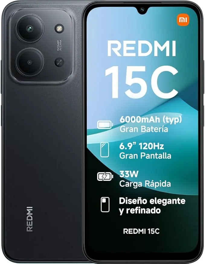 XIAOMI Redmi 15C - Smartphone de 4+128GB, Cámara Dual con IA de 50 MP, Pantalla inmersiva de 6,9" 120 Hz, Potente procesador octacore, Carga rápida de 33W, Cargador no Incluido, Negro (Versión ES)